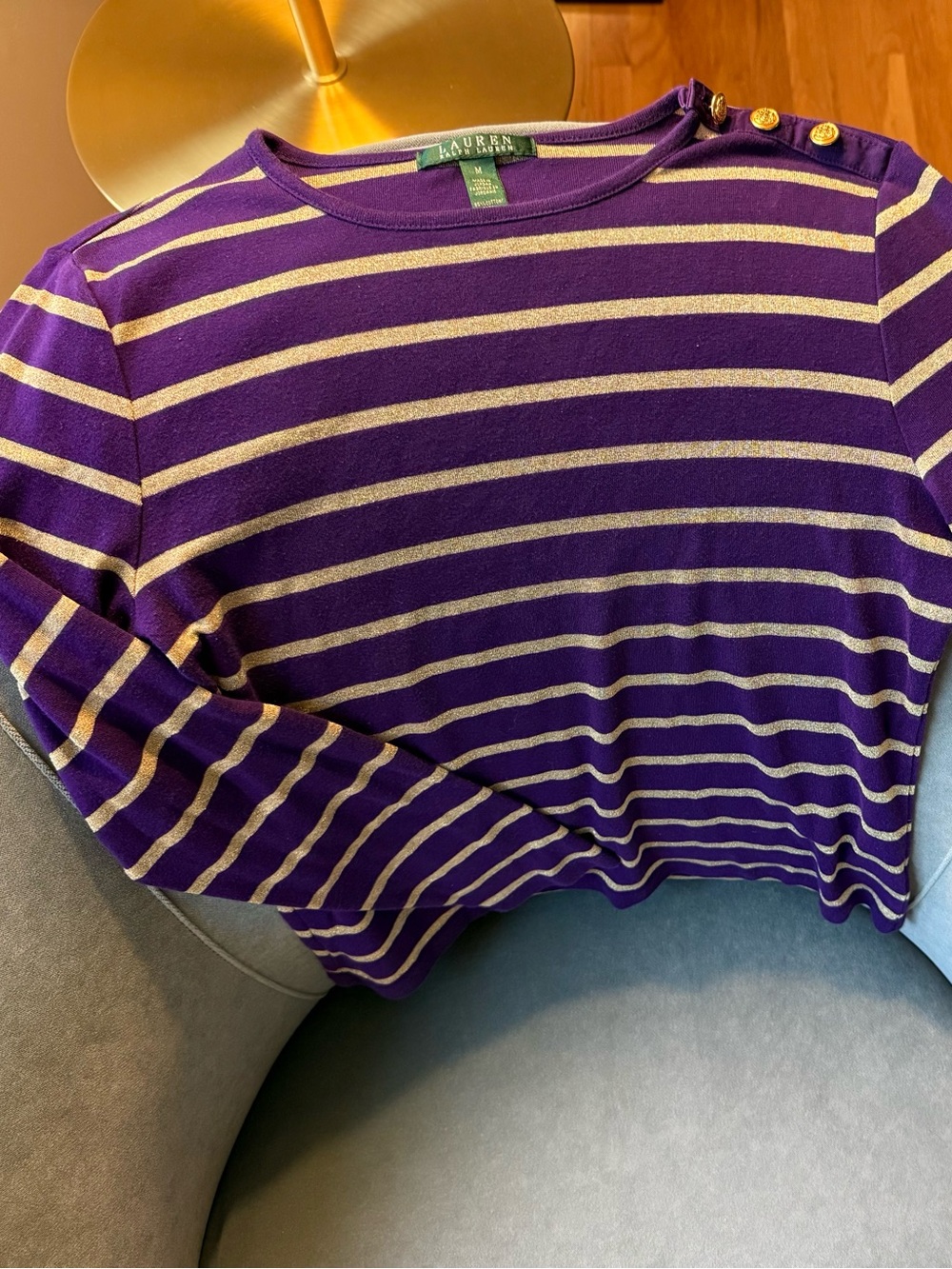Ralph Lauren Purple and Cream Striped Long-Sleeve Sweater with Gold Buttons